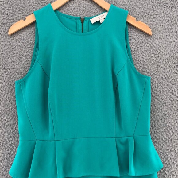 LOFT Dress Womens 6 Petite Green Mini Peplum Sheath Sleeveless Pleated Stretch - Picture 2 of 11